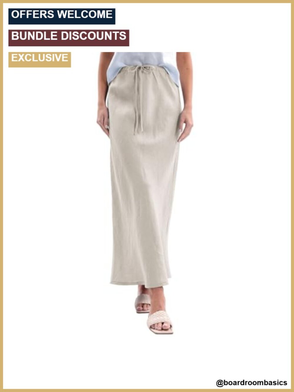 Women's 100% Linen Drawstring A-Line Midi Skirt High Rise Relaxed Fit